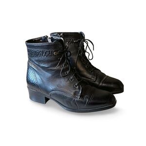 90s Vintage Black Leather Lace-Up Ankle Boots – Victorian Witch Style – Size 9